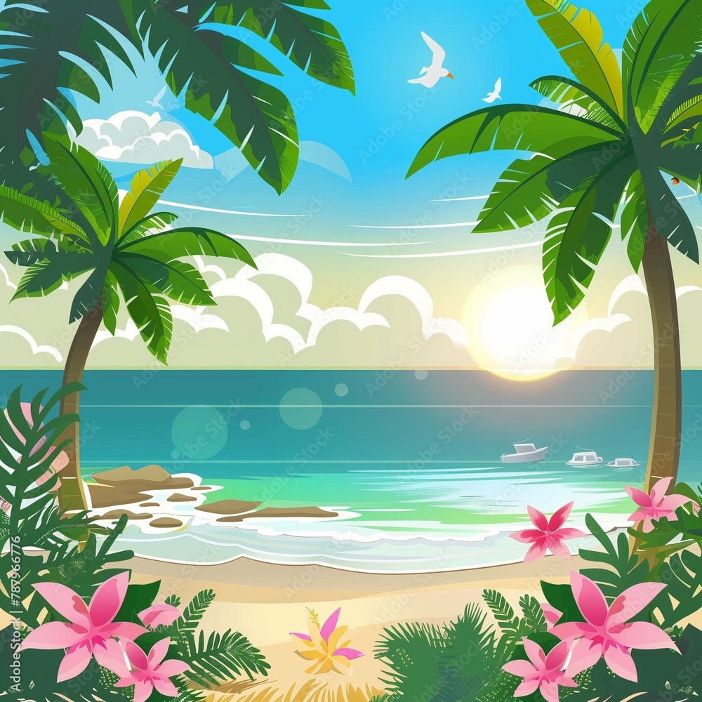 A vibrant art illustration of a tropical beach with palm trees, colorful flowers, and a clear blue sky. The scene captures the essence of a sunny daytime with greenery and botanical elements