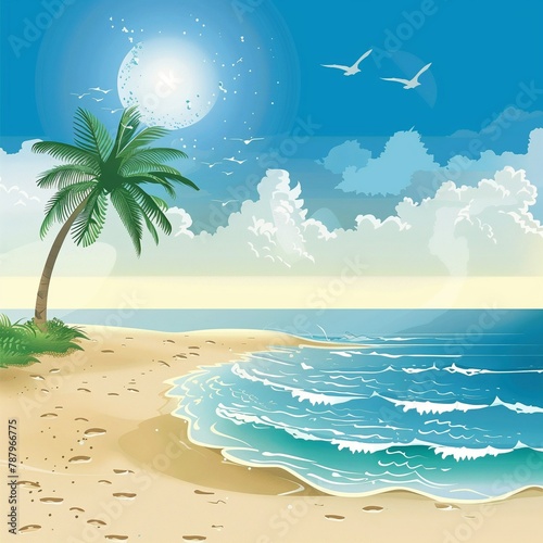 A picturesque natural landscape featuring a beach with palm trees  seagulls flying under azure skies with fluffy clouds  illuminated by sunlight