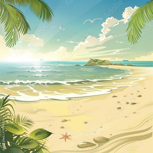 A art illustration showcasing a tropical beach with palm trees set against a clear blue sky. The green plants and water resources highlight the ecoregions natural beauty during daytime photo