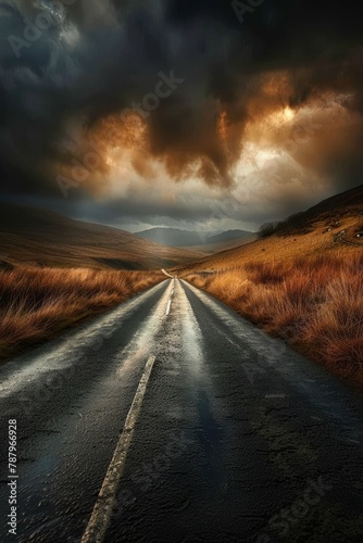 Eerie clouds loom over a desolate country road, lonely fields on each side windswept and shadowy