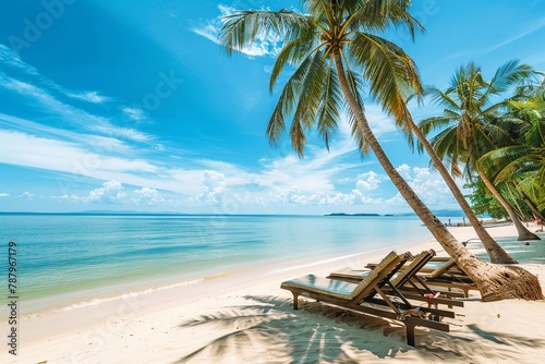 A beautiful wide open sandy beach with beach beds, summer concept.