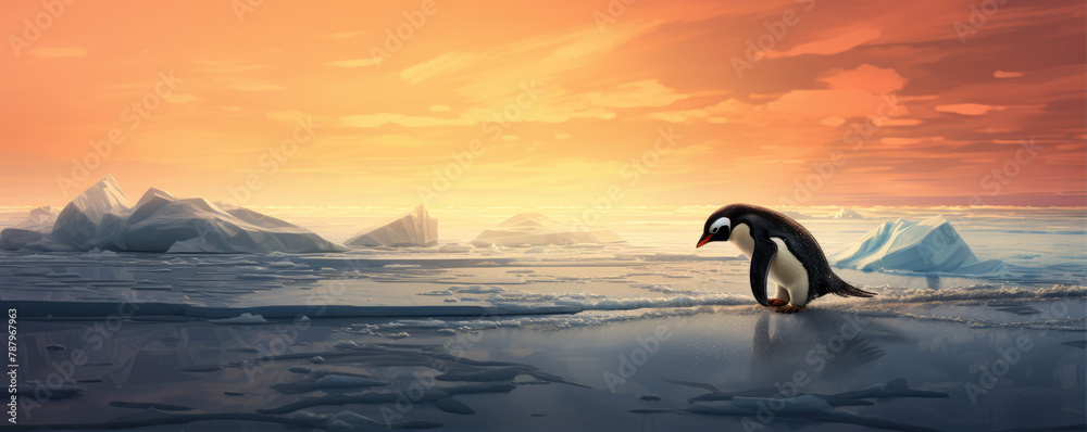 Lonely penguin on icy landscape at sunset - obrazy, fototapety, plakaty 