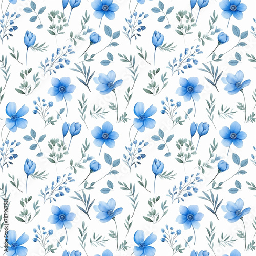 A blue and white floral pattern with a blue flower in the middle