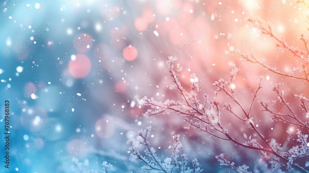 Winter Berry Branches Frosted in Blue, Magical Snowfall, Festive Holiday Background