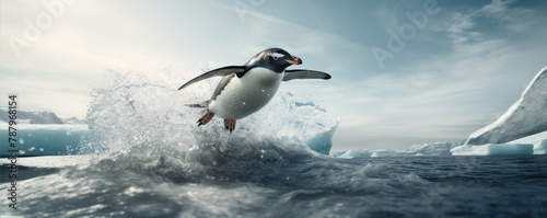 Lonely penguin on icy landscape at sunset