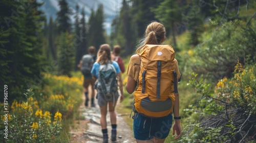 A group of people with backpacks walking down a trail, AI