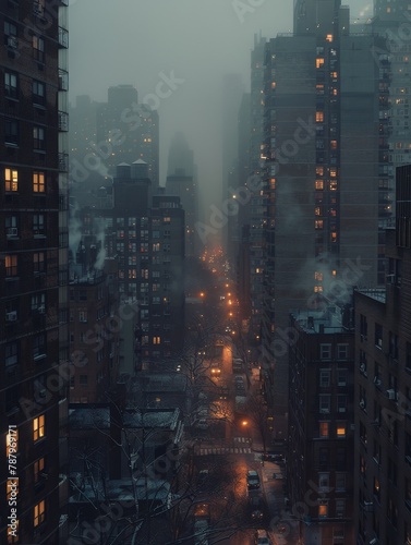 Heavy, oppressive clouds blanketing a modern cityscape, skyscrapers piercing the grey veil, streets slick with rain