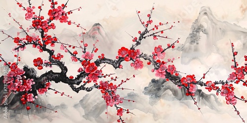 A traditional Asian artwork depicting blooming plum flowers in the spring season.