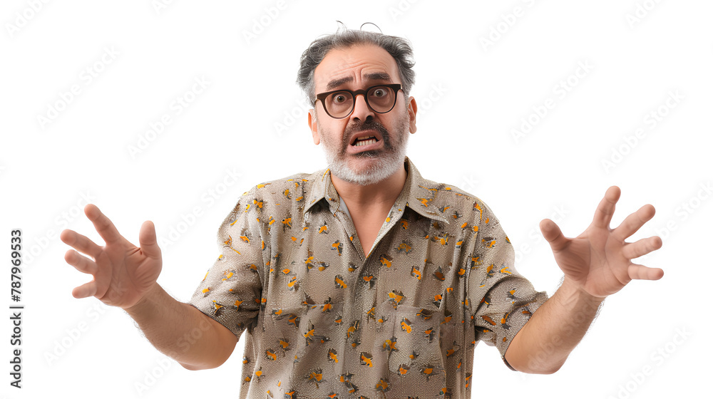 Naklejka premium Portrait of an annoyed frustrated bearded man standing with raised hands and indignant face asking why isolated on a white background