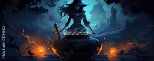 An enchanting witch stirs a bubbling potion in a cauldron among a backdrop of autumn leaves and magical glow