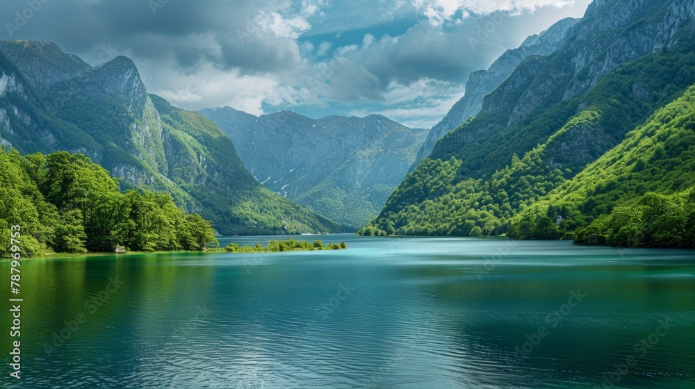 A large body of water surrounded by mountains and trees, AI - obrazy, fototapety, plakaty 
