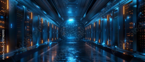 High tech cloud data center server room showcases speed and connectivity with LED lights and high bandwidth cables