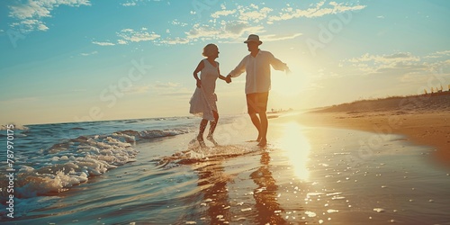 Elderly pair waltzing on shore during a bright day. photo