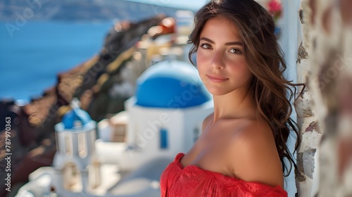 Young woman tourist on vacation in Greek island Santorini, attractive model girl smiling at camera with red dress, Europe tourism summer travel concept.
