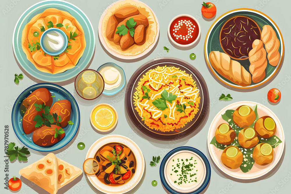 Ramadan Food, Ramadan kareem mubarak and party eat food and drink dinner of muslim, Flat design style Ramadan Food, Ramadan kareem mubarak and party eat food and drink dinner of muslim, Flat design style