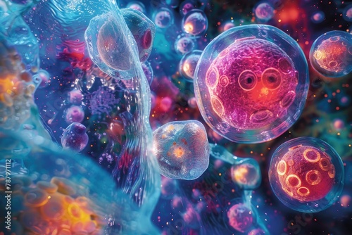 An artistic representation of skin cell regeneration, featuring vibrant colors to differentiate various types of cells in the process of healing photo