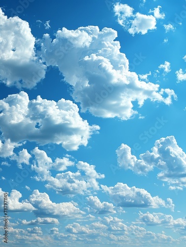 Light  airy clouds float in vast blue sky  creating tranquil  heavenly clear summer atmosphere with peaceful floating clouds