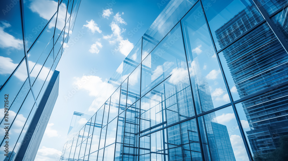 Transparent abstract modern office buildings glass wall background, blue sky reflecting exteriors Transparent abstract modern office buildings glass wall background, blue sky reflecting exteriors