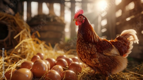 In a rustic farm setting, a vigilant hen stands guard over her clutch of eggs, a scene captured with cinematic lighting and realistic detail AI Generative.