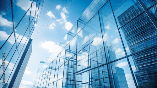 Transparent abstract modern office buildings glass wall background  blue sky reflecting exteriors