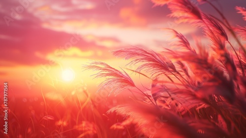 Wild feather grass on a sunset in field in a red tones. Wild nature grass sunset cincept photo