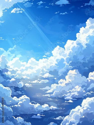 The serene, vast setting under a clear, heavenly sky with fluffy clouds creates a tranquil, airy backdrop