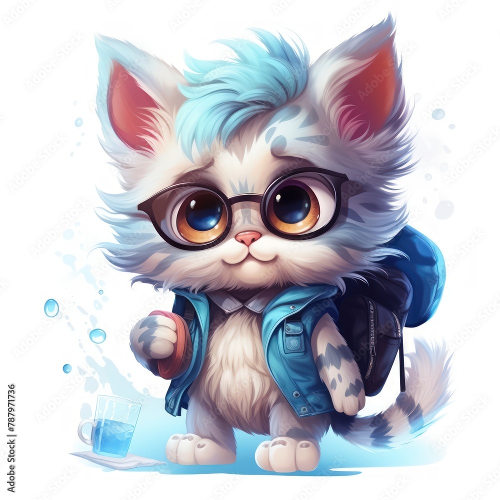 A cartoon cat wearing glasses and a blue jacket is holding a cup of water