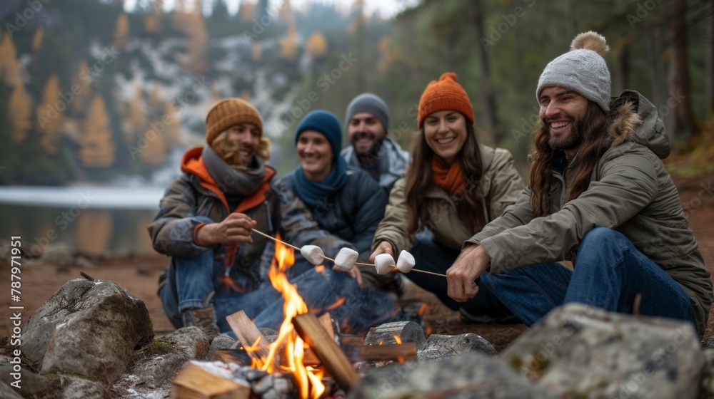 A group of people sitting around a campfire roasting marshmallows, AI