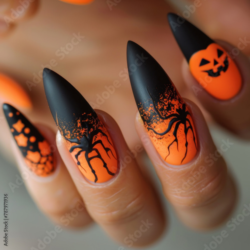 Halloween nail design, vibrant orange and black colors, woman hand with nail polish on her fingernails. Halloween nail art and design