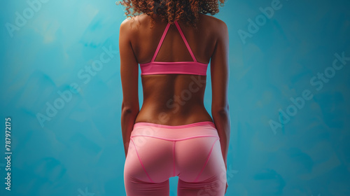 Back view of a fit young woman wearing tight fitness pink leggings and sports bra on blue background