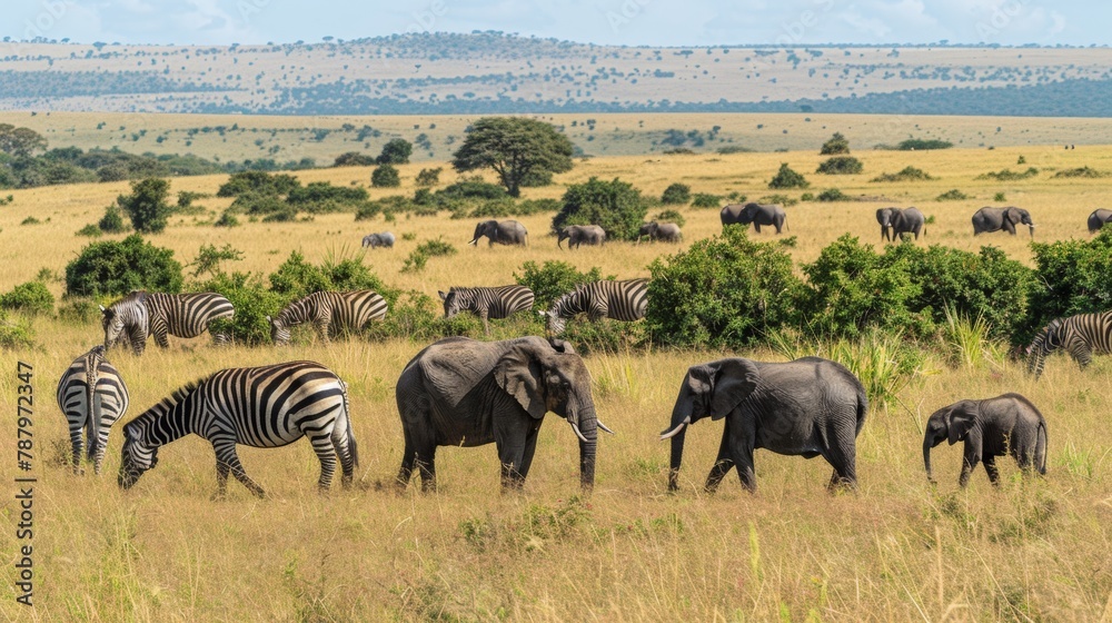Fototapeta premium A herd of a group of elephants and zebras in the wild, AI
