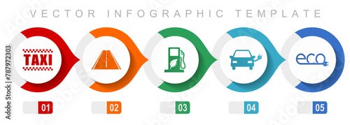 Renewables, transport flat design infographic template, miscellaneous symbols such as taxi, road, bio fuel, electric car and eco sign, vector icons collection