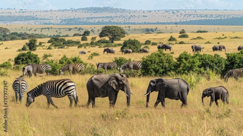 A herd of a group of elephants and zebras in the wild, AI photo