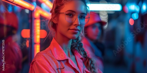 A fashion portrait of a beautiful women posing in colorful, bright neon UV blue and red lights. Models wearing trendy glasses. Club, disco style.