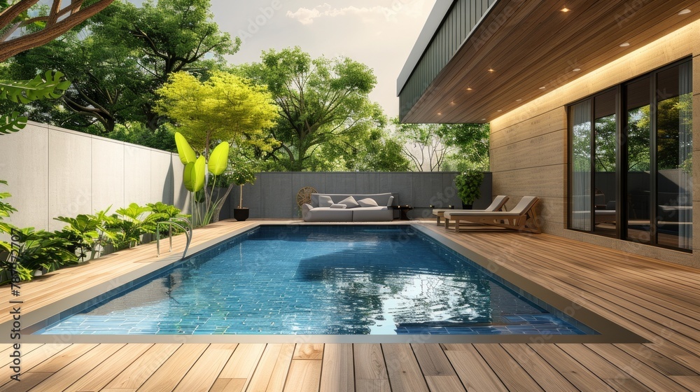 Modern poolside haven with luxurious amenities surrounded by lush greenery, AI Generative.