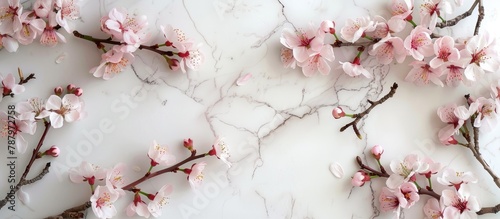White background with pink cherry blossoms. photo