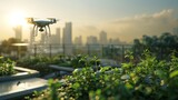 Autonomous drone watering plants on a smart farm rooftop in the city, AI Generative.