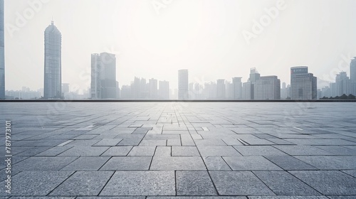 A vast, empty urban square frames the silent cityscape, where each building whispers stories, AI Generative.