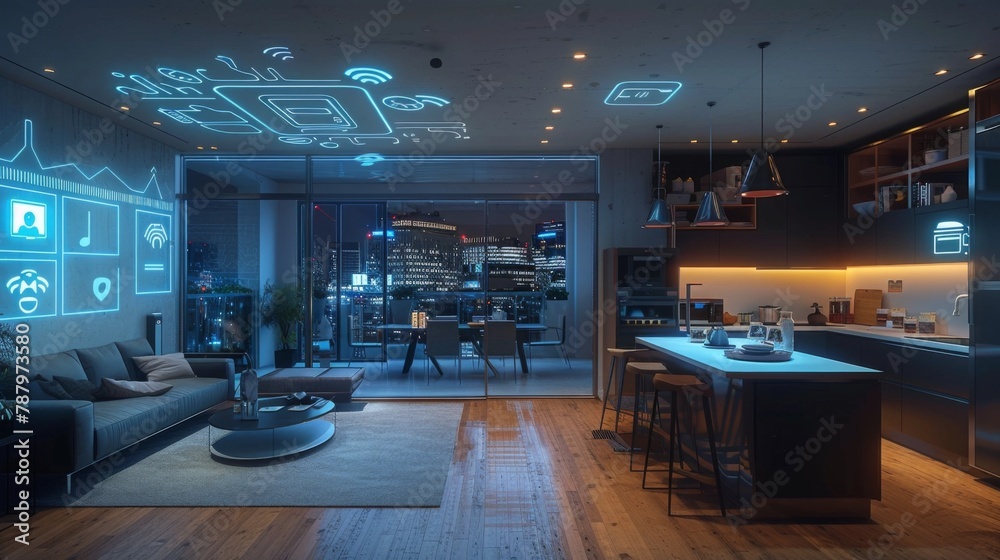 A room with a lot of smart homes and a very techy feel. The concept of the Internet of Things, showing smart technology.