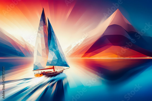 Abstract sailing boat in the sea, low poly art illustration, vibrant color. photo