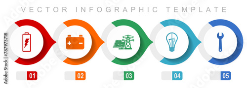 Power and energy flat design infographic template, miscellaneous symbols such as battery, solar power, light bulb and tool, vector icons collection