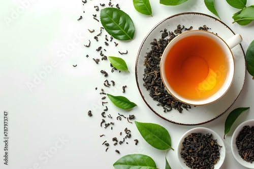 A cup of tea and two small bowls of tea on a white table with green leaves around it and a white