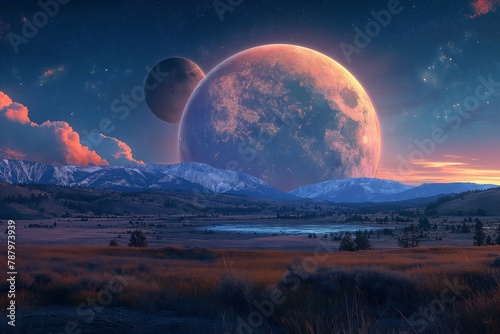 Giant Moons Rise Over a Twilight Mountain Landscape