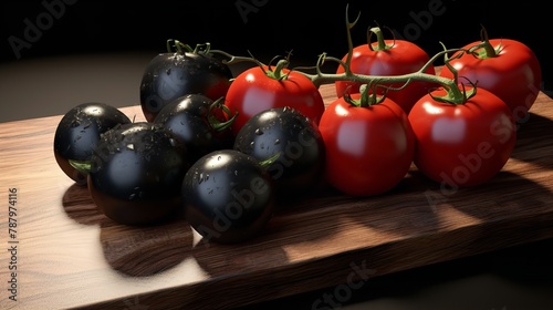 Black Tomatoes and Cherry Tomatoes on Wooden 