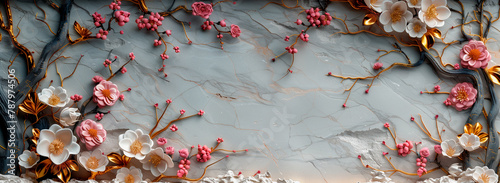 3D wallpaper with marble circle frame, floral and leaves, grey background