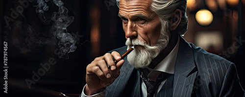 Elegant man with cigar in luxurious dark interior. copy space for text.