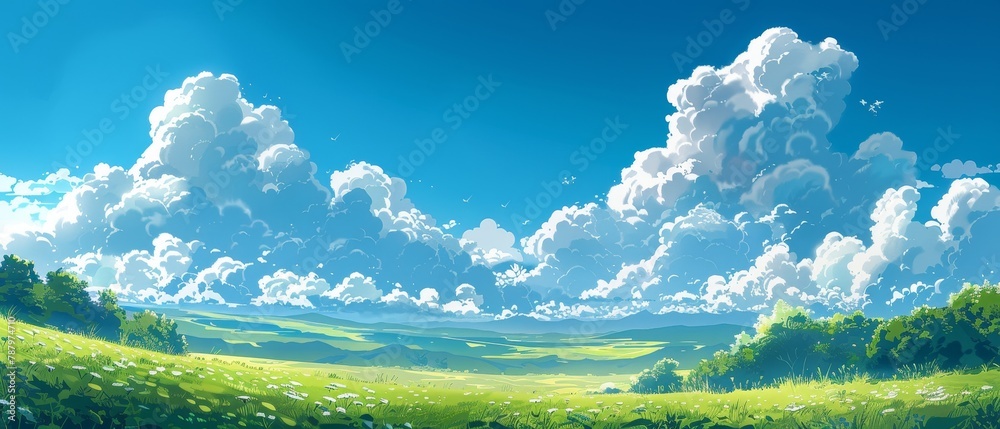 The serene natural setting under a peaceful blue sky and fluffy white clouds on a bright, clear summer day creates a vast, airy landscape