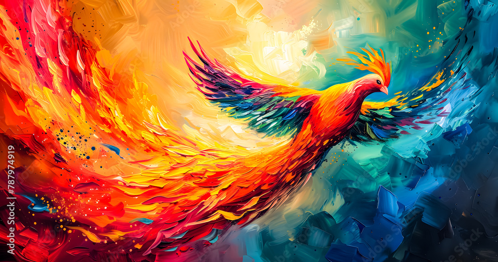 Fototapeta premium An abstract painting phoenix colorful feather background, 4K Desktop wallpaper