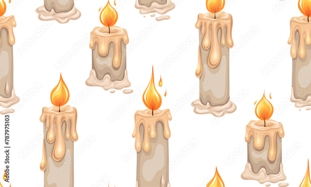 Vector festive pattern with cartoon wax candles with lights on white background. Vertical ritual texture with white paraffin candles for textile, wallpaper. Religion backdrop.