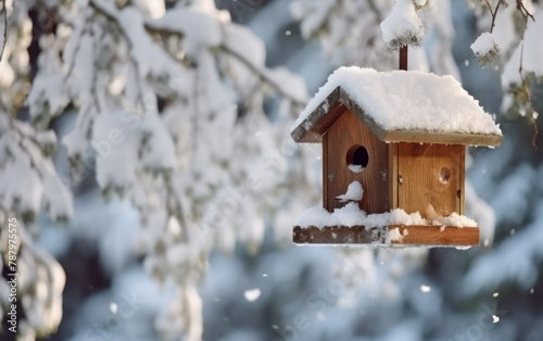 Snow-Covered Birdhouse Amidst Winter Trees © Muh